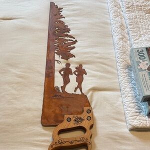Rustic Brown Decorative Saw with Tree and Runner Design